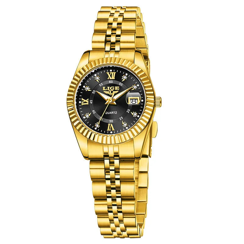 Ladies waterproof quartz fashion watch with 10mm thickness in gold and silver colour options