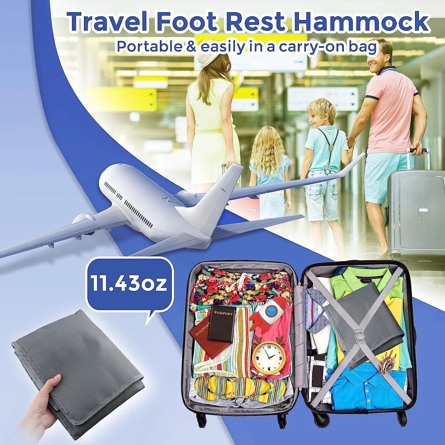 Blue portable children's aircraft seat extender with attached pedal and matching drawstring storage pocket.