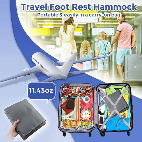 Blue portable children's aircraft seat extender with attached pedal and matching drawstring storage pocket.