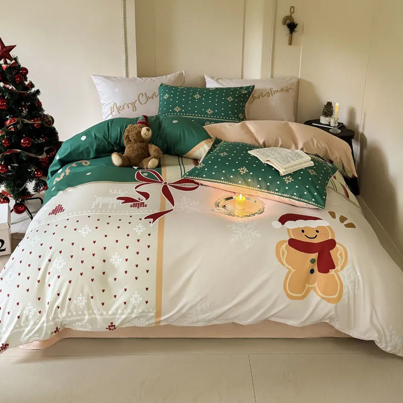 Cartoon printed super soft washed cotton chemical fibre four-piece bedding set on a bed.