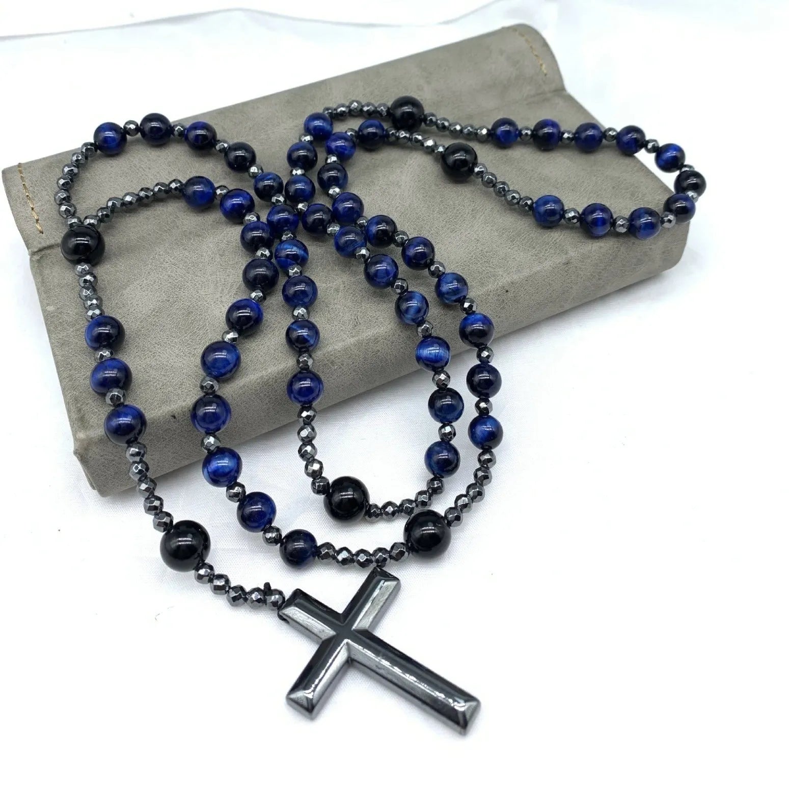 Men's stone cross pendant necklace on ball bead chain with safety lock clasp