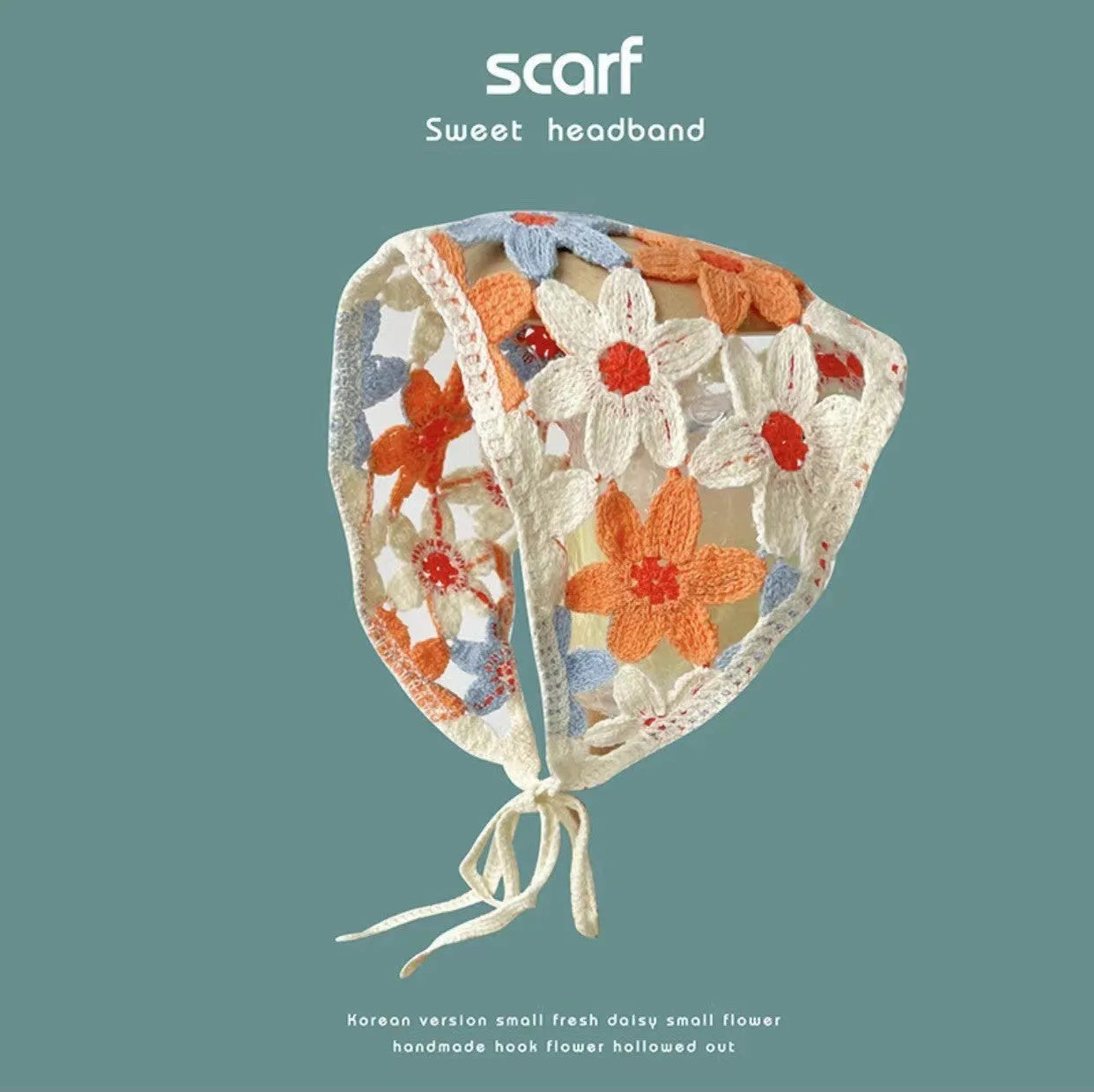 Women's cotton triangle shawl with floral French retro pattern in daisy design colours