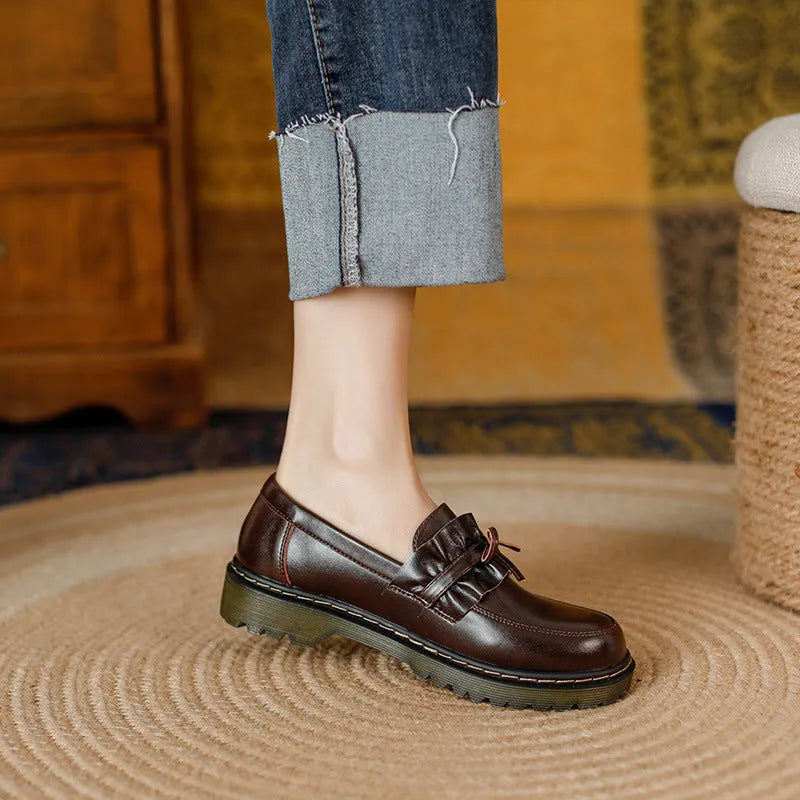 British style round head chunky low heel women's leather shoes in black and brown colours