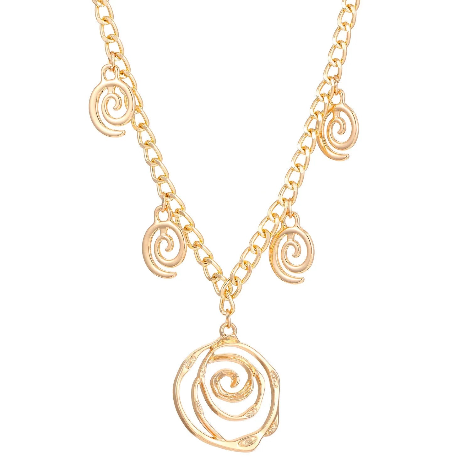 Women's spiral donut jewellery set showing matching necklace, bracelet and ear hooks in gold or silver electroplated alloy