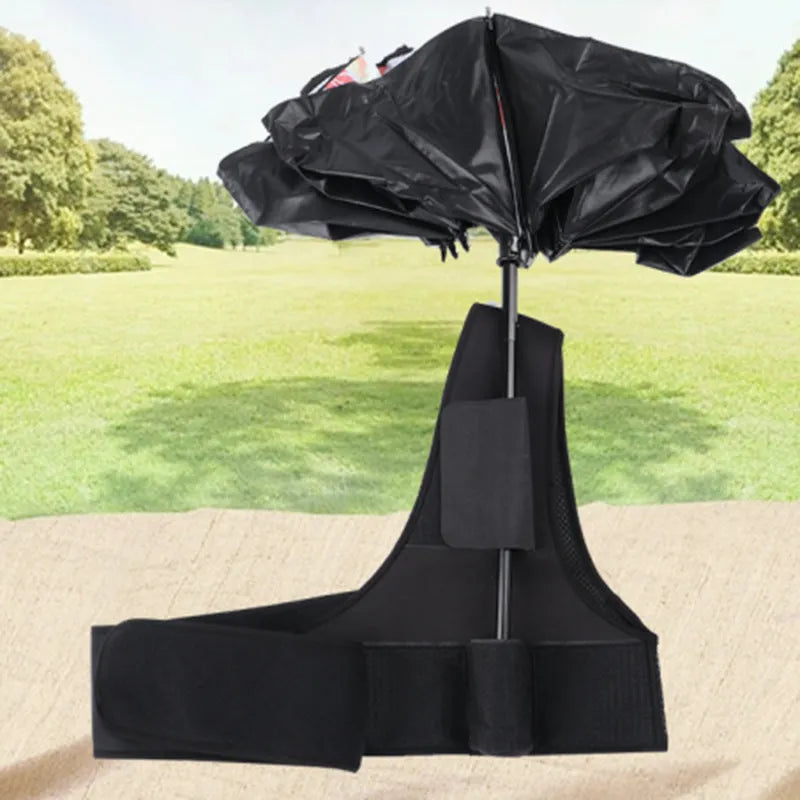 Black diving cloth umbrella holder with shoulder strap shown holding a manual umbrella