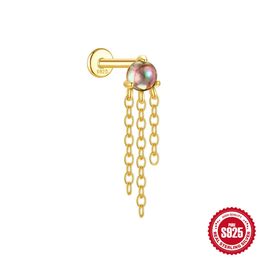 S925 sterling silver piercing earrings with rainbow stone flat head thread in gold colours