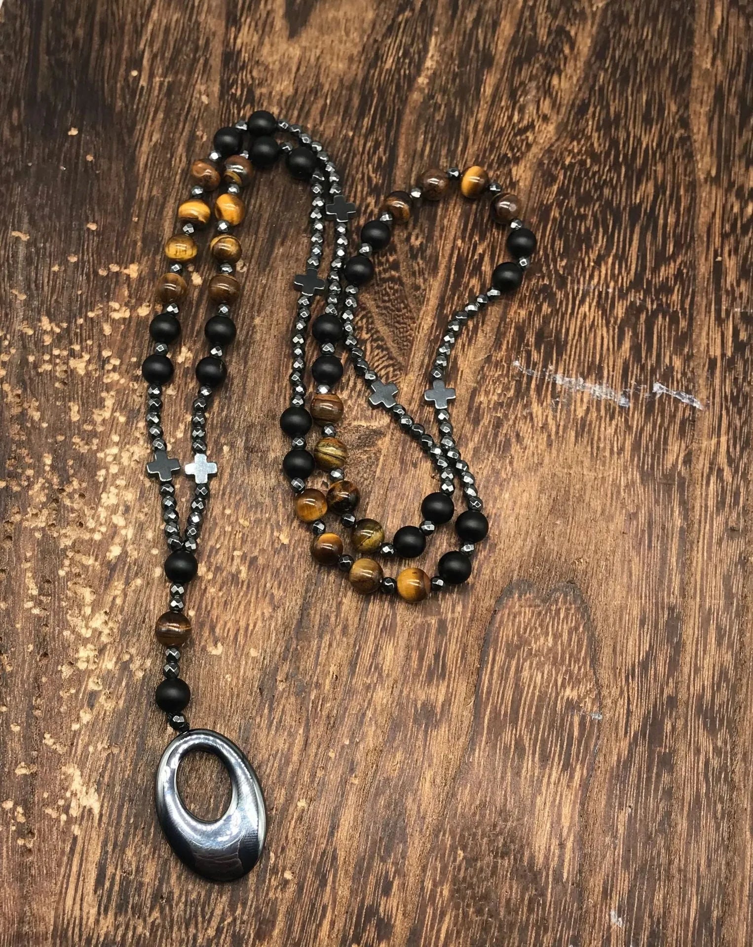 Men's stone cross pendant necklace on ball bead chain with safety lock clasp
