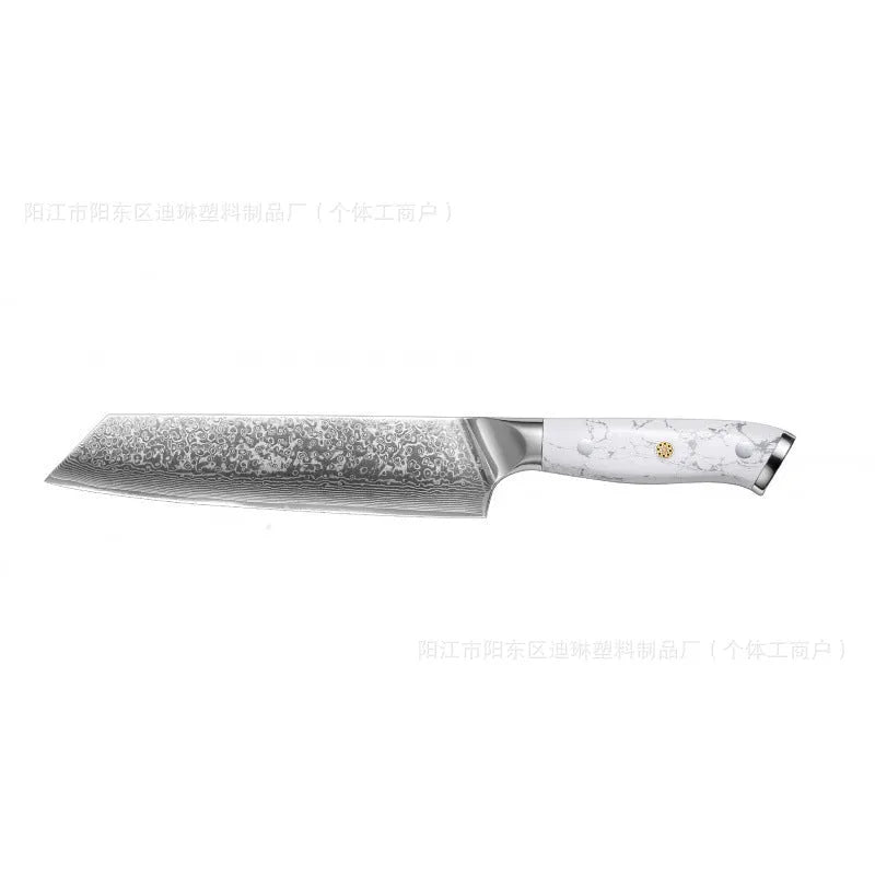 Damascus style combined chef's knife with VG10 steel blade, 21cm blade length on a wooden surface.
