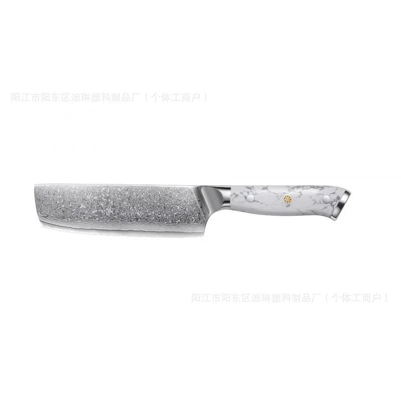 Damascus style combined chef's knife with VG10 steel blade, 21cm blade length on a wooden surface.