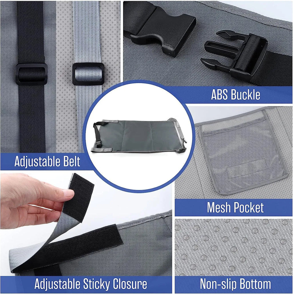 Blue portable children's aircraft seat extender with attached pedal and matching drawstring storage pocket.