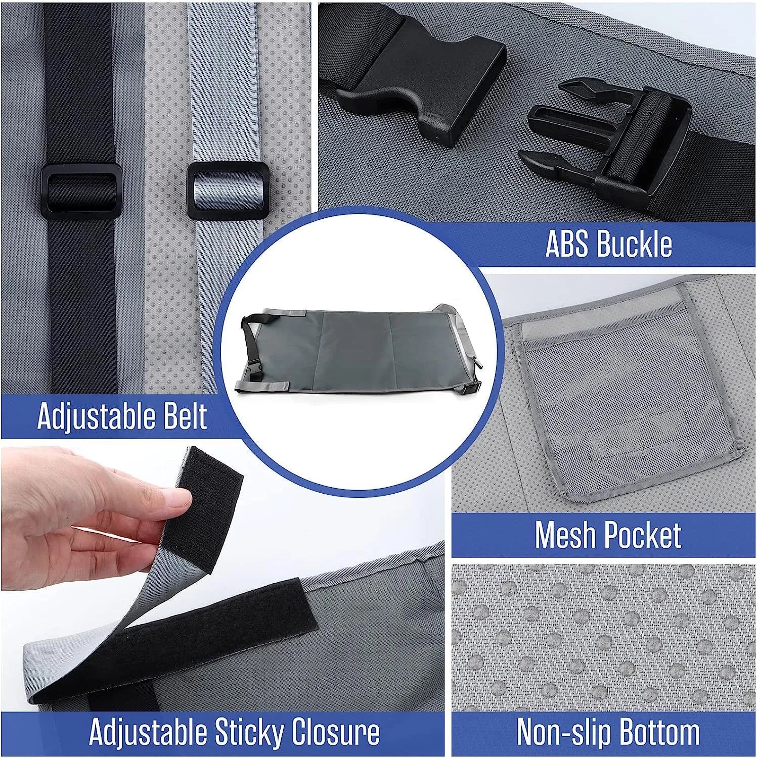 Blue portable children's aircraft seat extender with attached pedal and matching drawstring storage pocket.