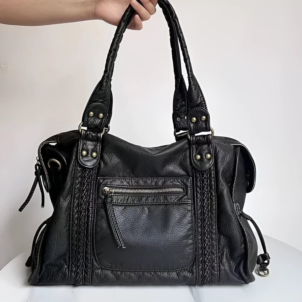 Women's brown retro motorcycle shoulder messenger bag with square shape and woven texture