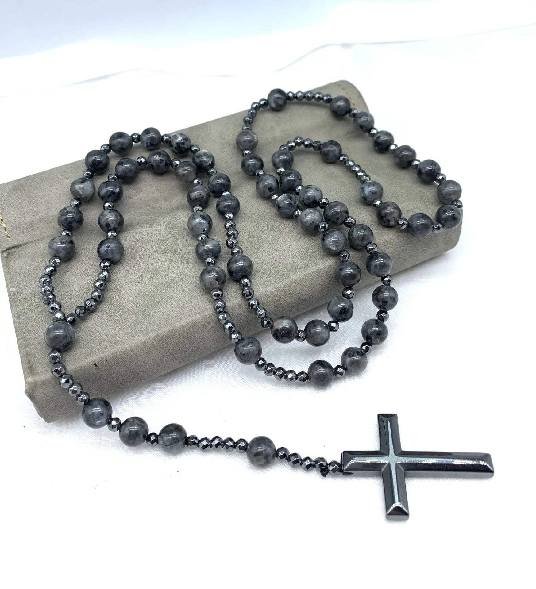 Men's stone cross pendant necklace on ball bead chain with safety lock clasp