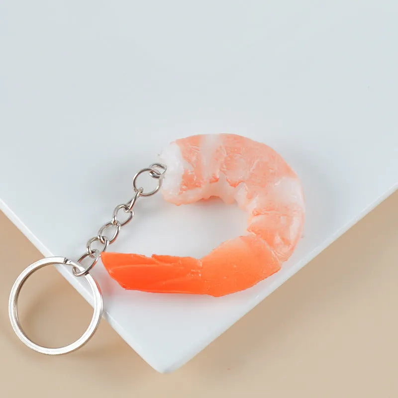 White simulation shrimp keychain pendant with door buckle, made from PVC.