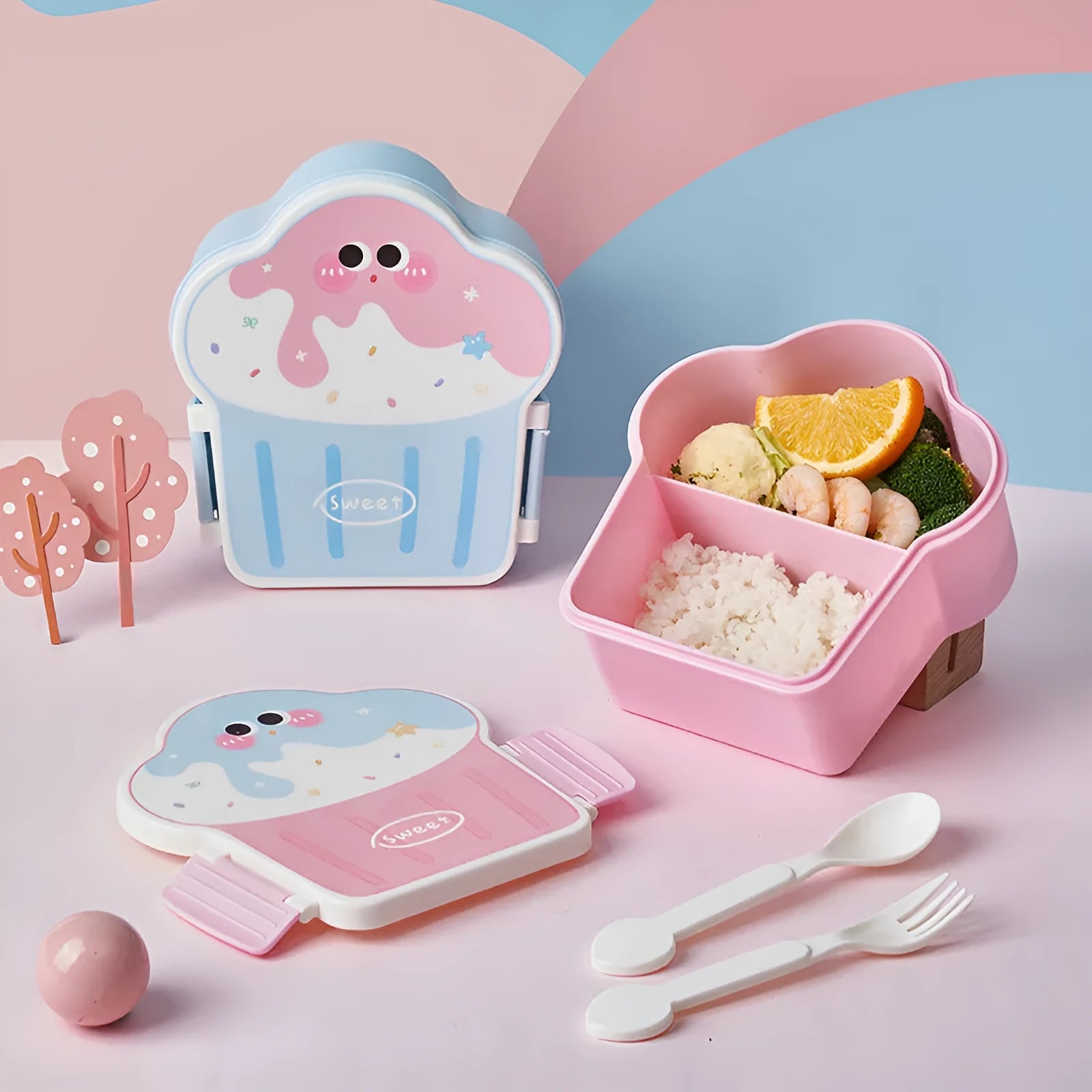 Pink and blue creative ice cream shaped plastic lunch box with spoon and fork set