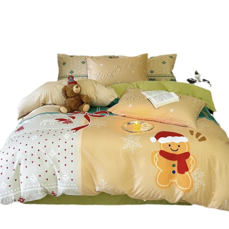 Cartoon printed super soft washed cotton chemical fibre four-piece bedding set on a bed.