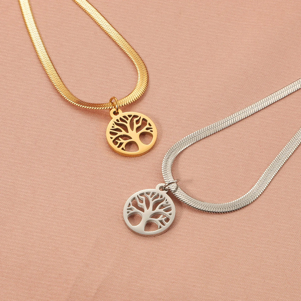 Stainless steel lucky tree pendant necklace on a snake bone chain, shown in gold and steel colour options.
