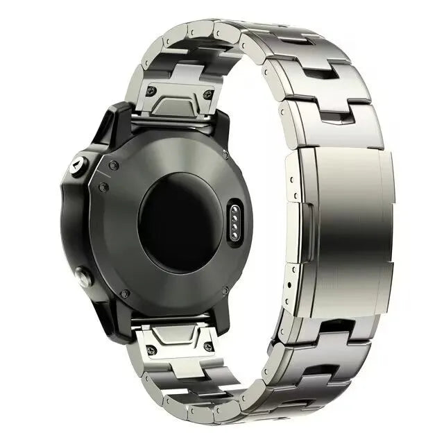 Garmin Fenix metal watch strap replacement in silver, black, and titanium colours showing 22mm and 26mm width options