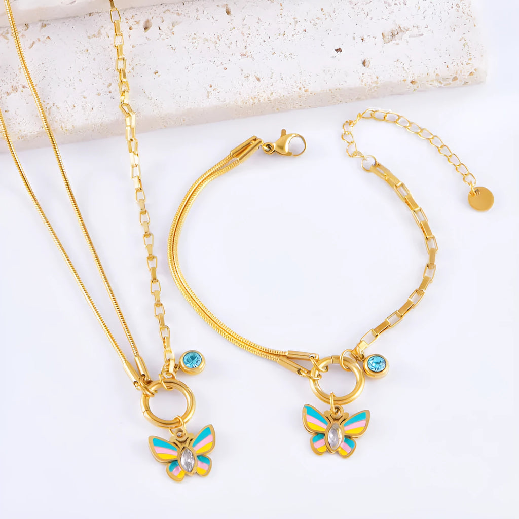 Gold butterfly jewellery set with titanium steel necklace and bracelet featuring animal zodiac design