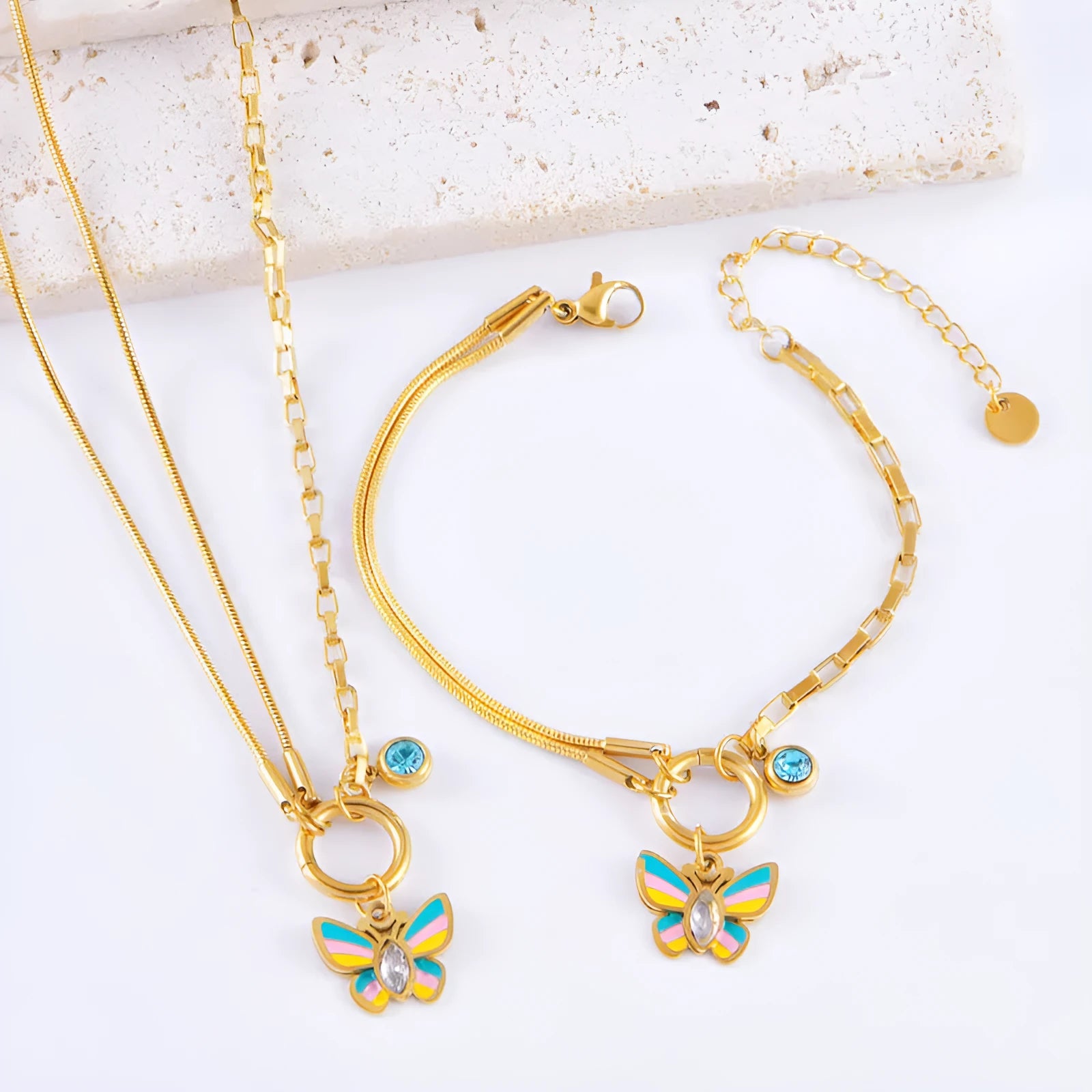 Gold butterfly jewellery set with titanium steel necklace and bracelet featuring animal zodiac design