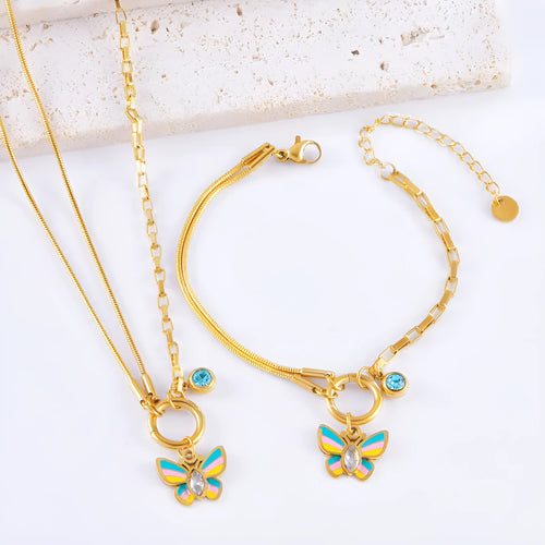 Gold butterfly jewellery set with titanium steel necklace and bracelet featuring animal zodiac design