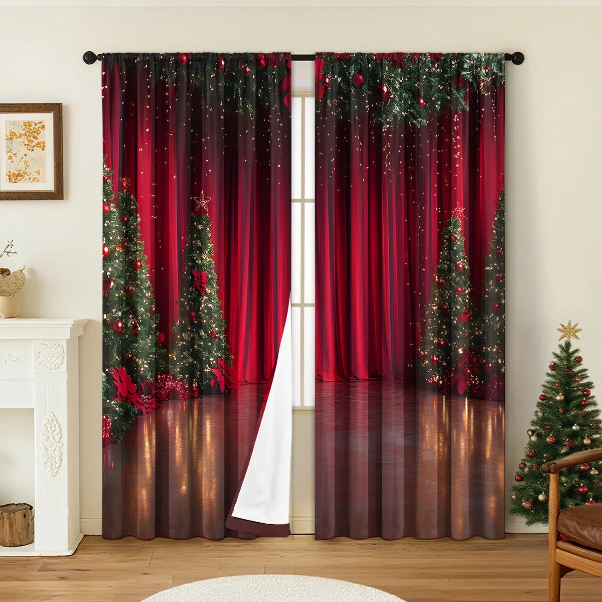 Pair of 3D digitally printed Christmas curtains in European style design on polyester fabric