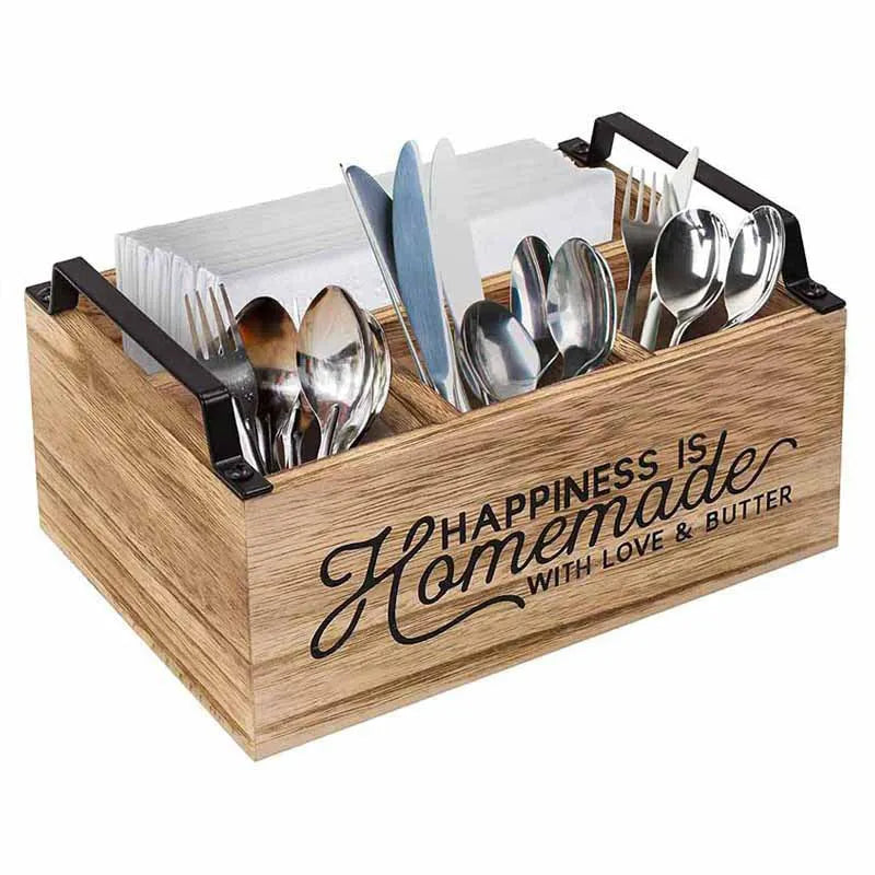 Wooden kitchen storage box with internal grid compartments for organising tableware