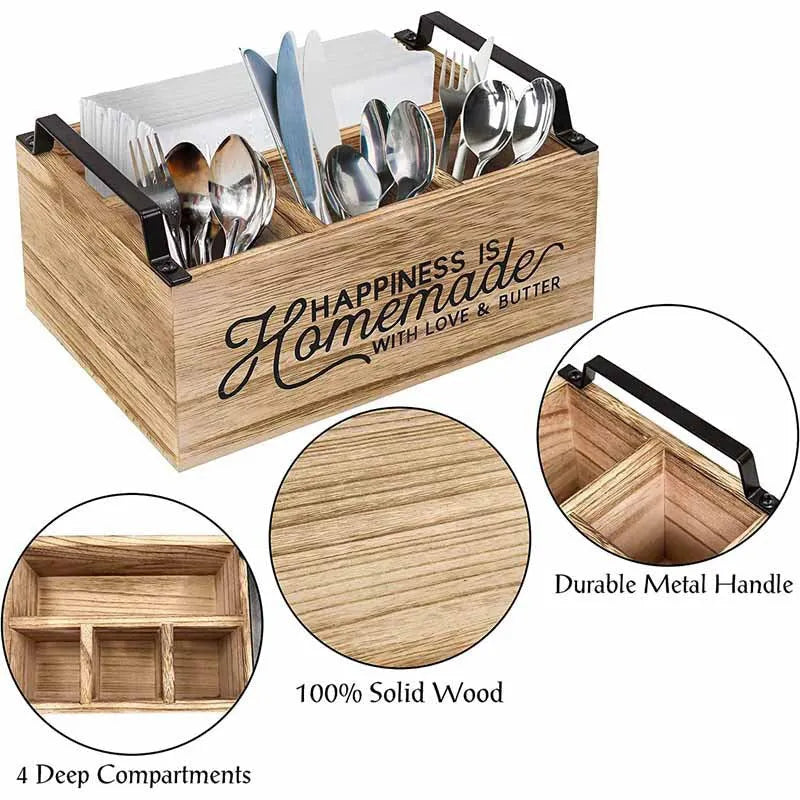 Wooden kitchen storage box with internal grid compartments for organising tableware
