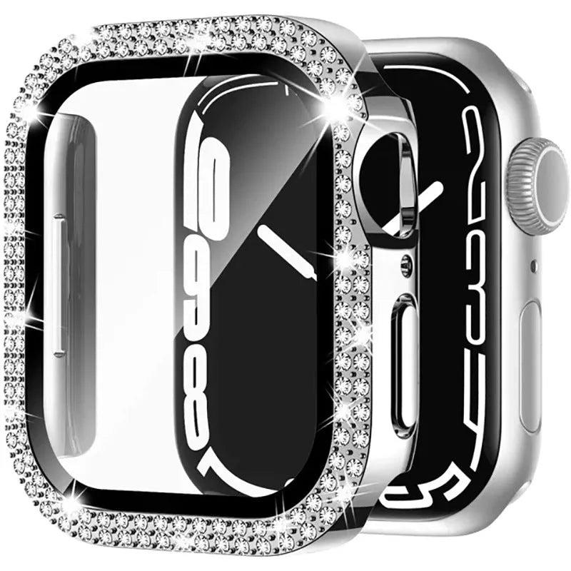 Apple Watch case with double diamond glass in rose pink, gold, silver, transparent, black, Starlight, and rose gold colours.