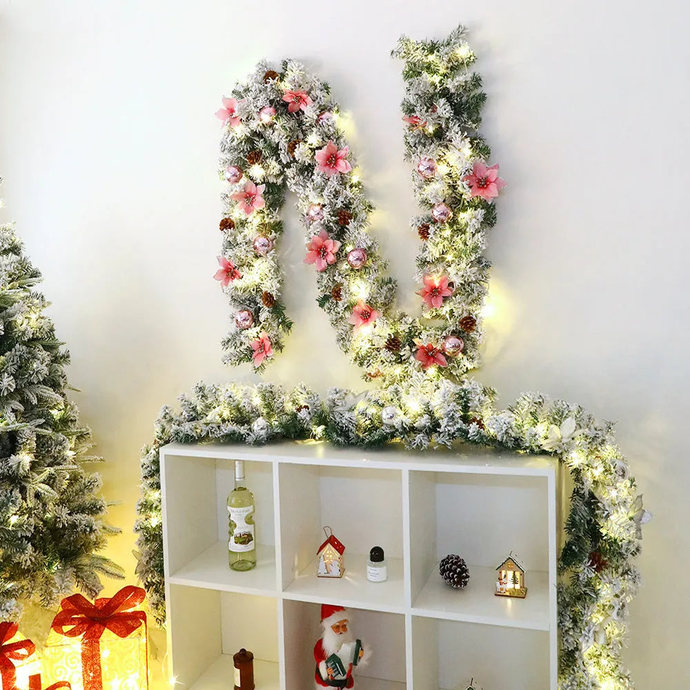 240cm artificial rattan Christmas garland with flocking decoration in golden colour