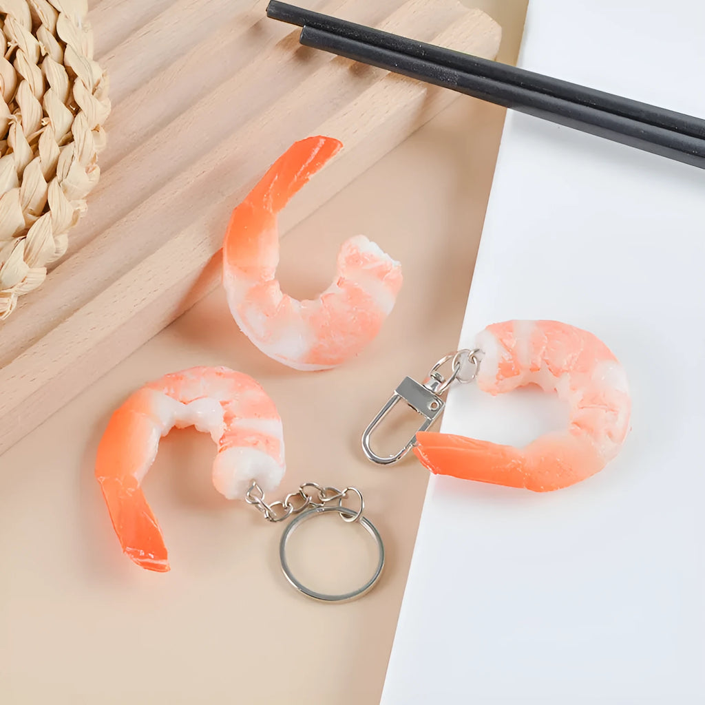 White simulation shrimp keychain pendant with door buckle, made from PVC.