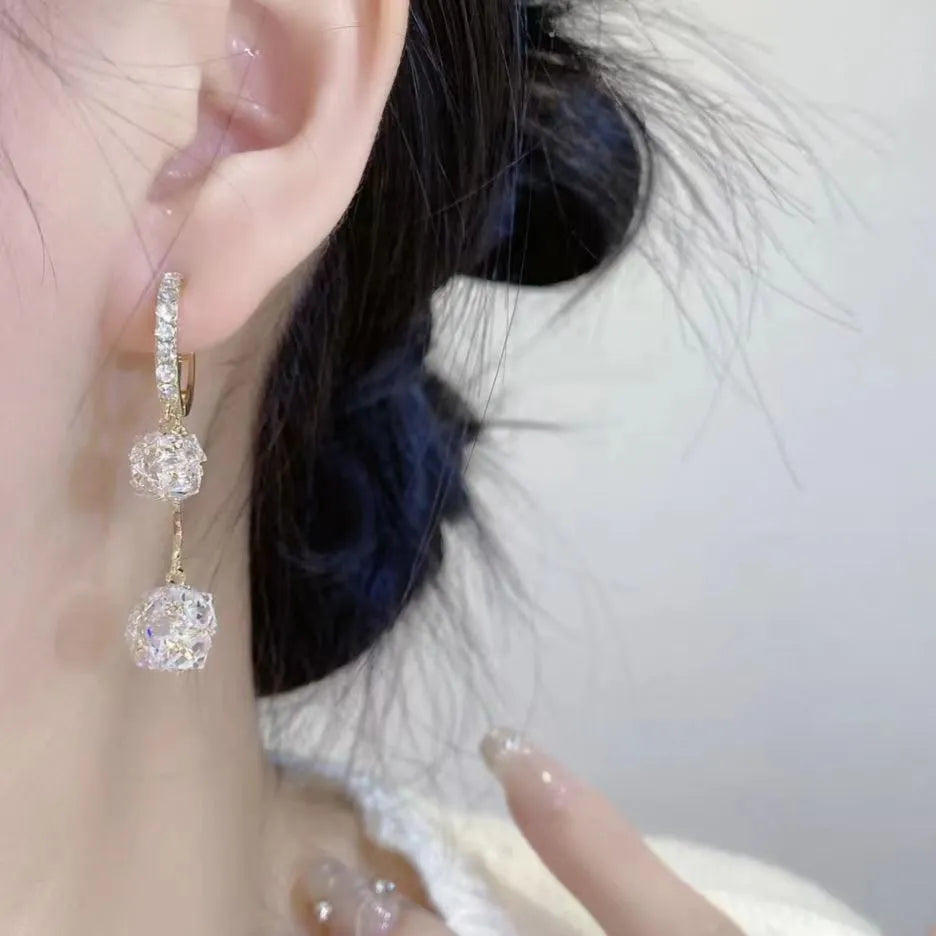 Silver drop earrings with rhinestone ball and confession balloon tassel charms on copper ear clips