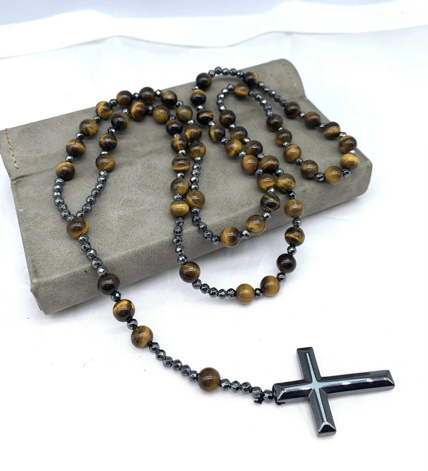 Men's stone cross pendant necklace on ball bead chain with safety lock clasp