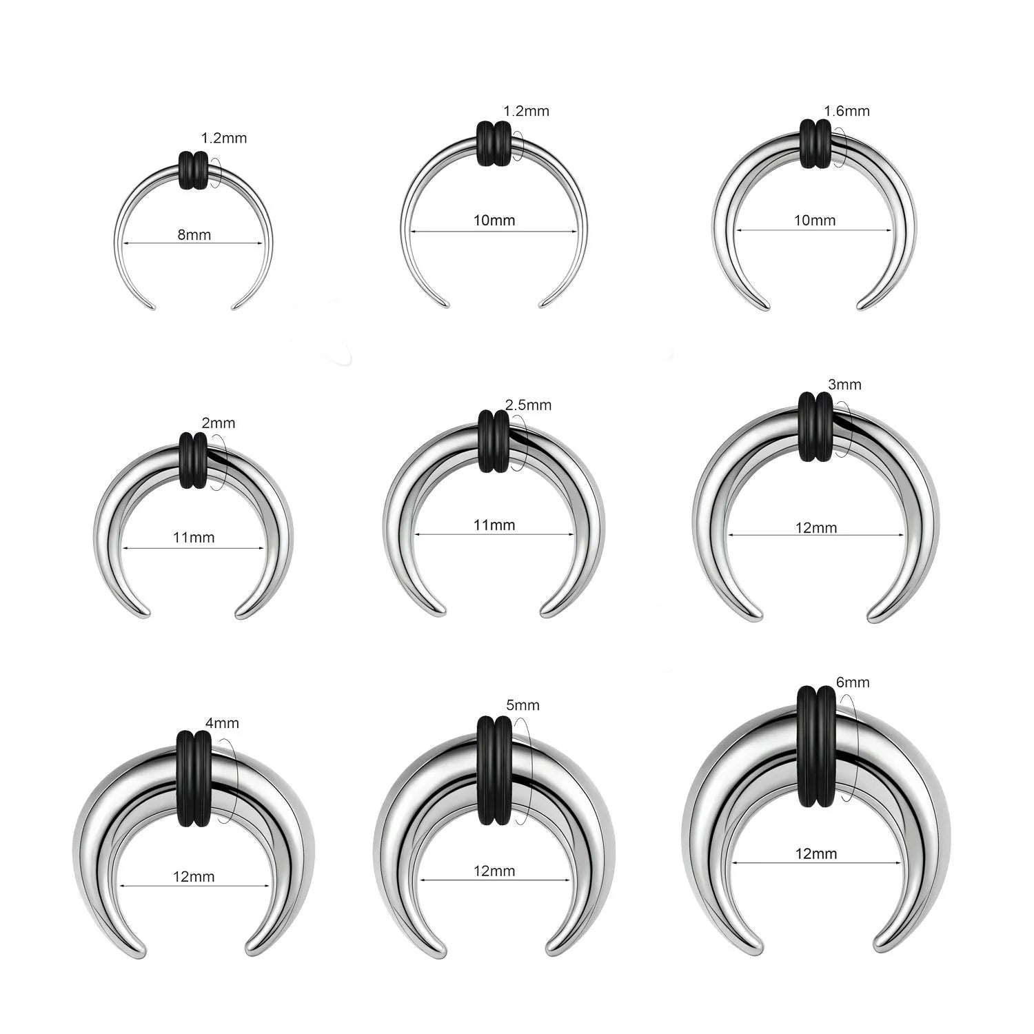 316 stainless steel C-shaped buffalo horn nose ring in black and steel colour on grey background.