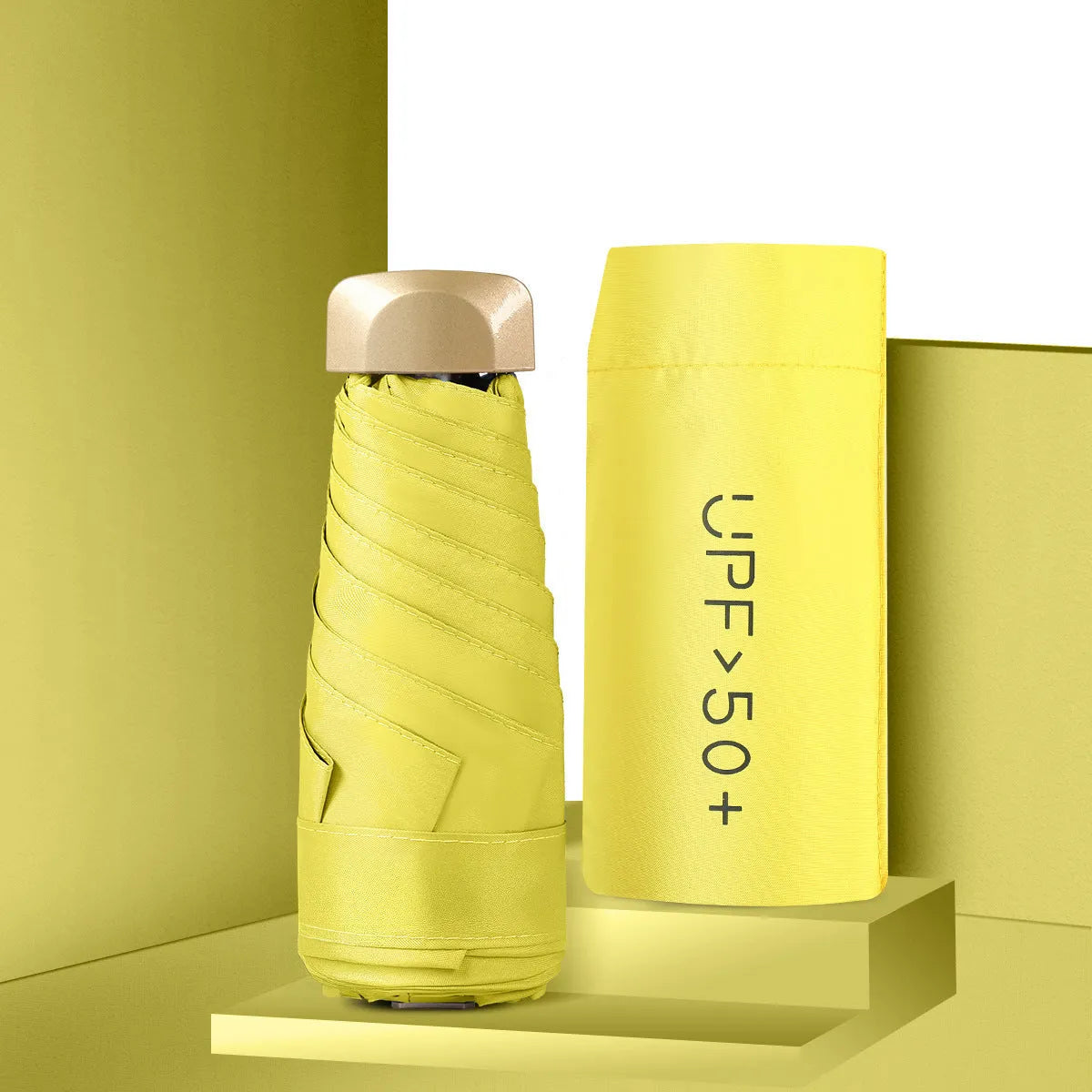 Compact folding sun umbrella shown open with 50cm diameter and closed in pocket-sized form