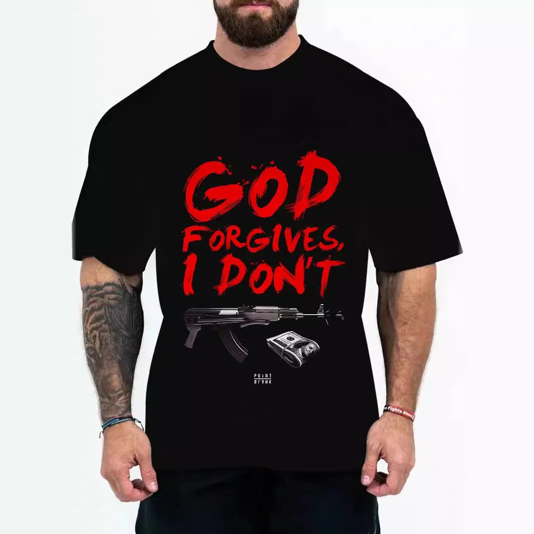 Men's loose fit graphic t-shirt with coloured letters print on a mannequin, showing short sleeves.