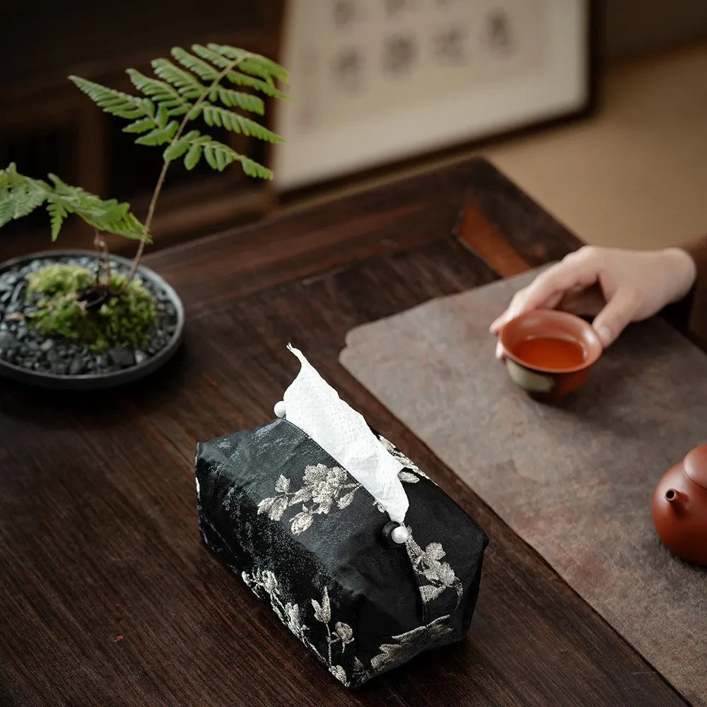 New Chinese style brocade fabric tissue box cover with white plum embroidery.