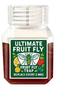 Bottle of fruit fly bait liquid with specification options for indoor pest control