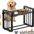 Black wooden dog bowl stand measuring 37cm by 23cm with non-slip elevated design