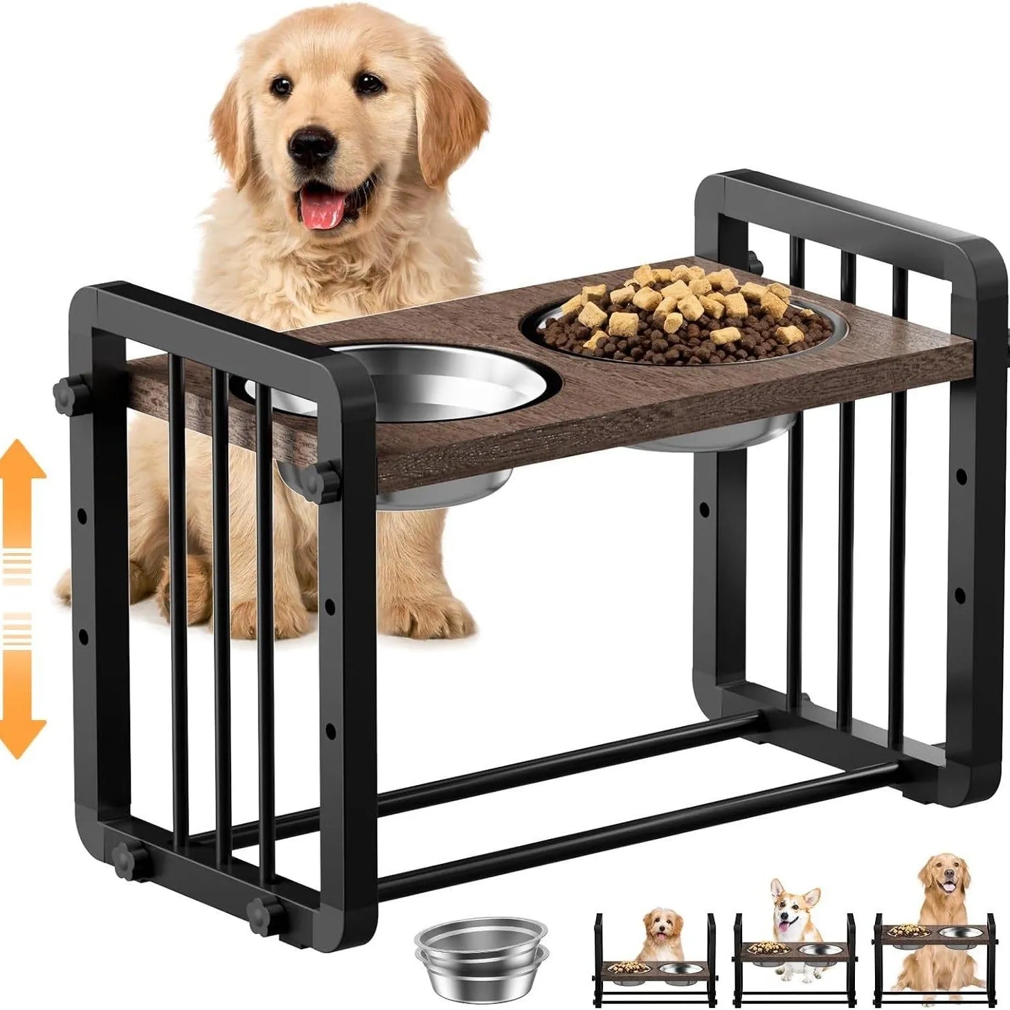 Black wooden dog bowl stand measuring 37cm by 23cm with non-slip elevated design