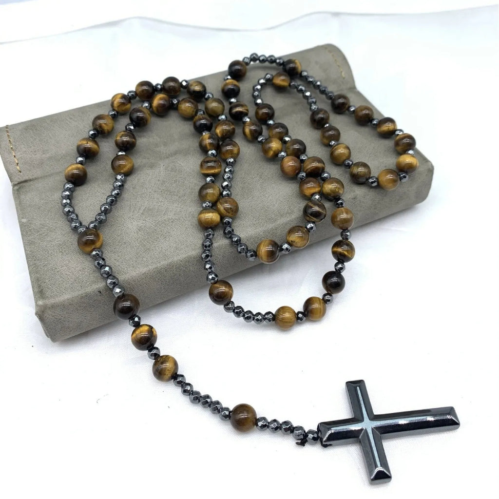 Men's stone cross pendant necklace on ball bead chain with safety lock clasp