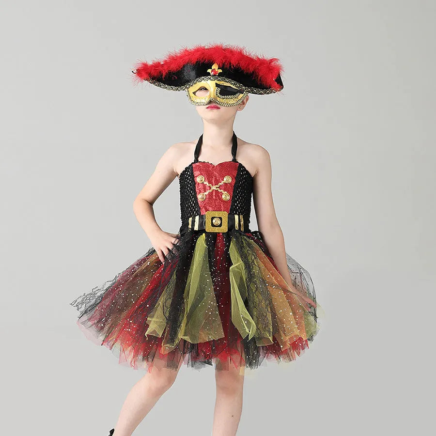 Girls sleeveless Pirates of the Caribbean Halloween costume dress with sequin and mesh detailing on a hanger.