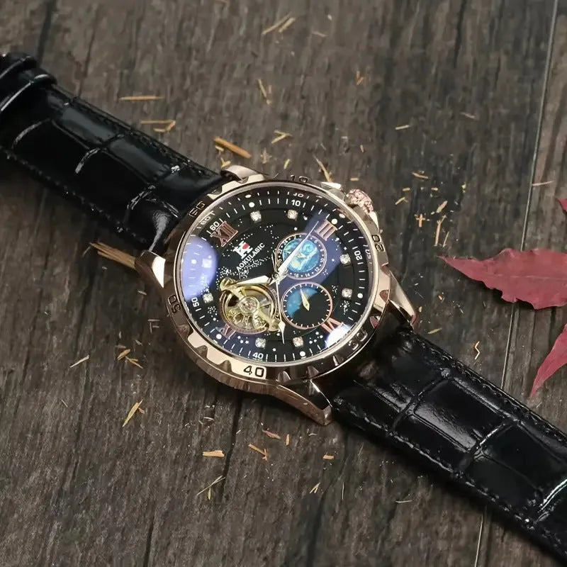 Black automatic mechanical watch with rose gold shell and hollow dial showing movement