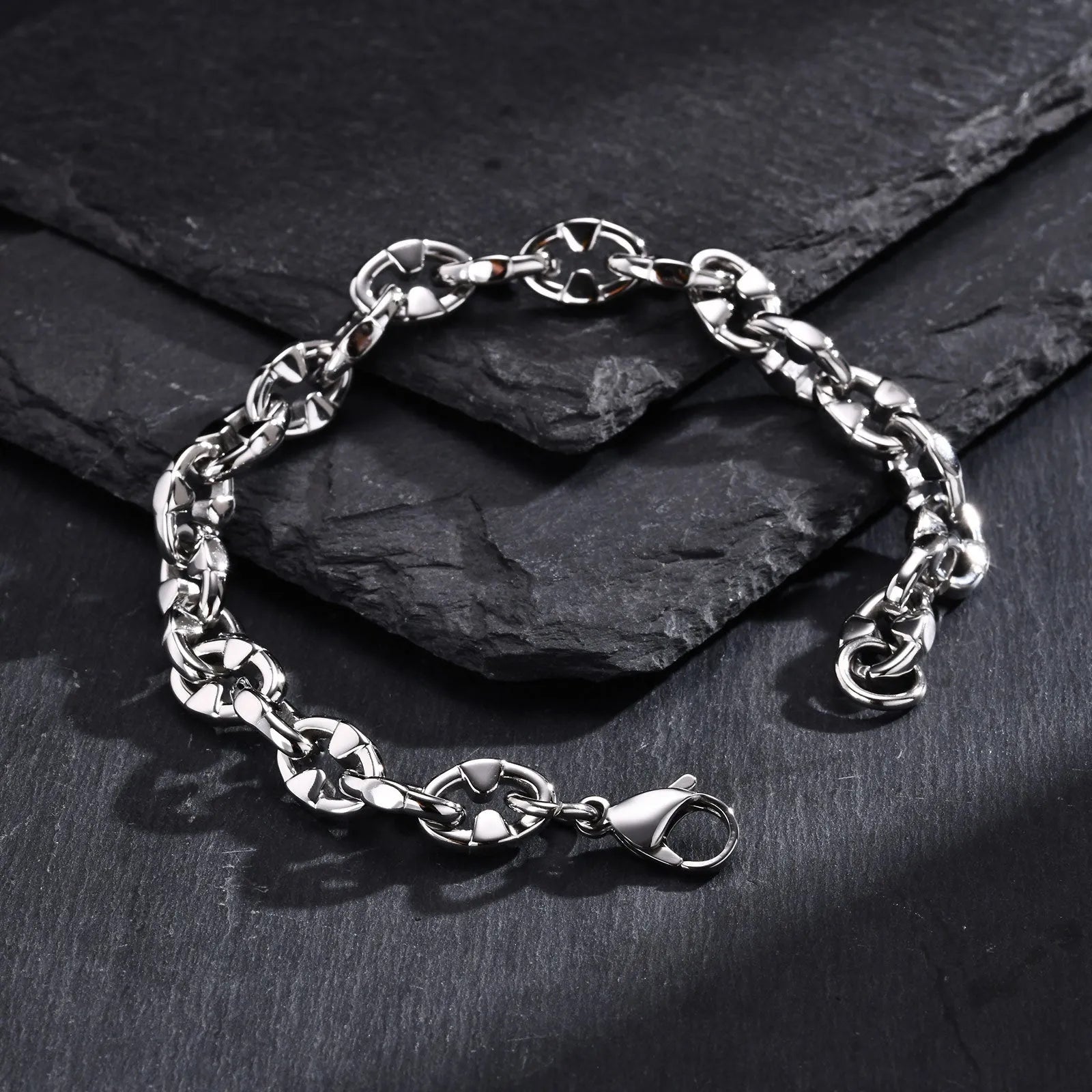Stainless steel geometric chain bracelet for men with thick links and hip hop style