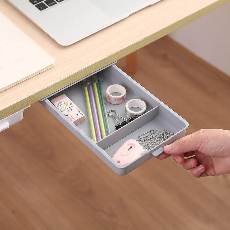 Adhesive plastic storage drawer with lid and internal grid divider for under-desk organisation