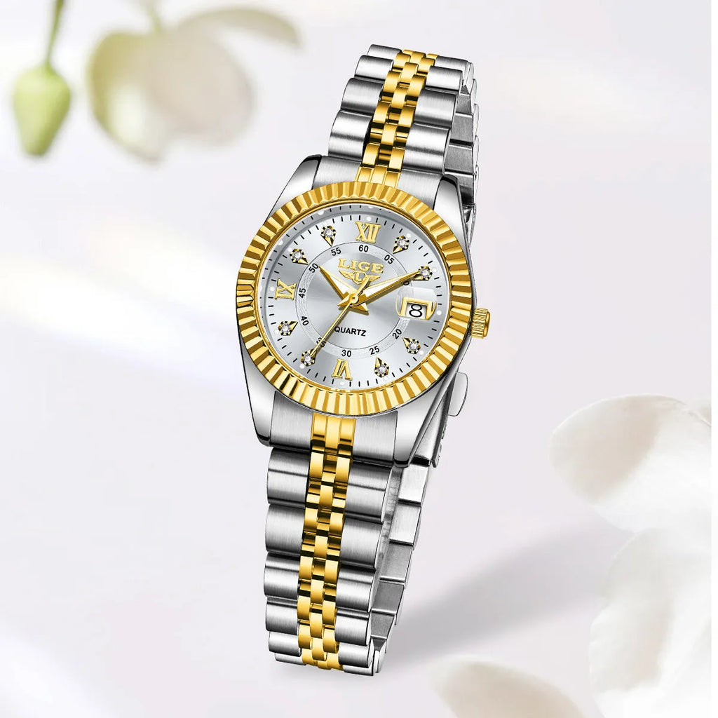 Ladies waterproof quartz fashion watch with 10mm thickness in gold and silver colour options