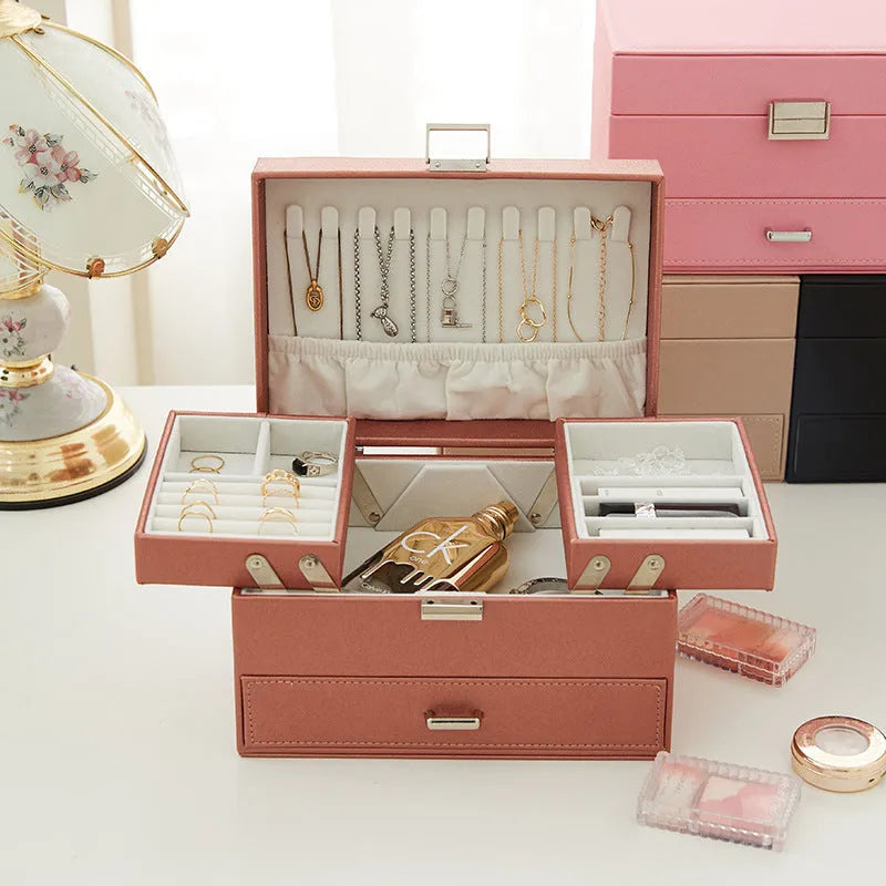 Hard-sided PU leather jewellery storage box in a solid colour.