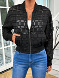 Black women's semi-transparent jacket with geometric pattern, zip-up front, and long sleeves