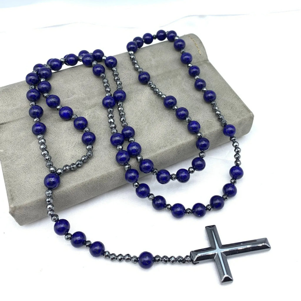 Men's stone cross pendant necklace on ball bead chain with safety lock clasp