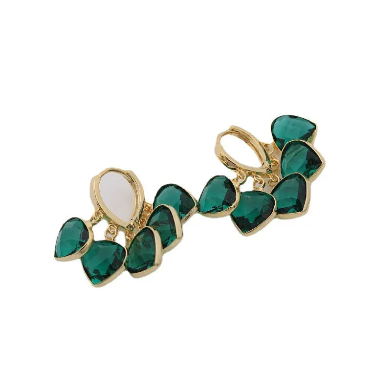 Green heart shape pendant clip-on earrings with glass decoration in Korean style